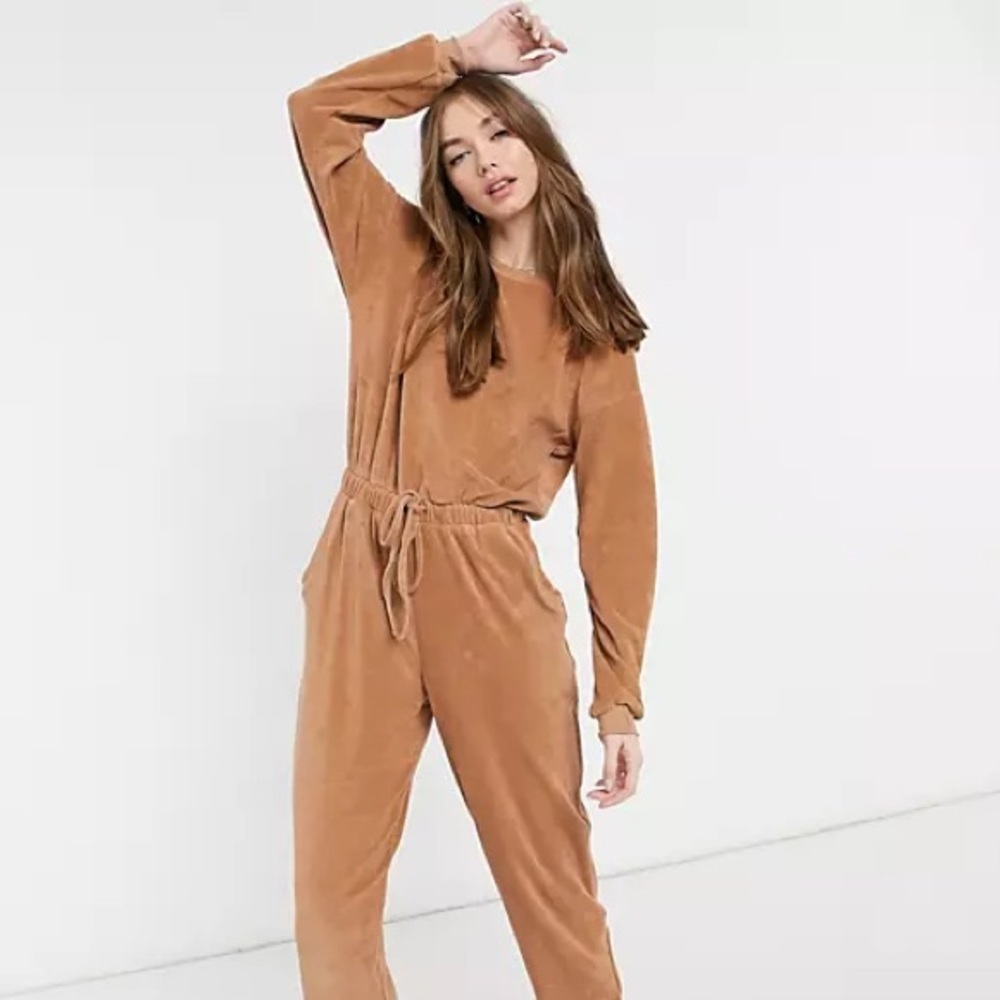 ASOS DESIGN Towelling Button Back Sweatpants Jumpsuit in Camel | US 2